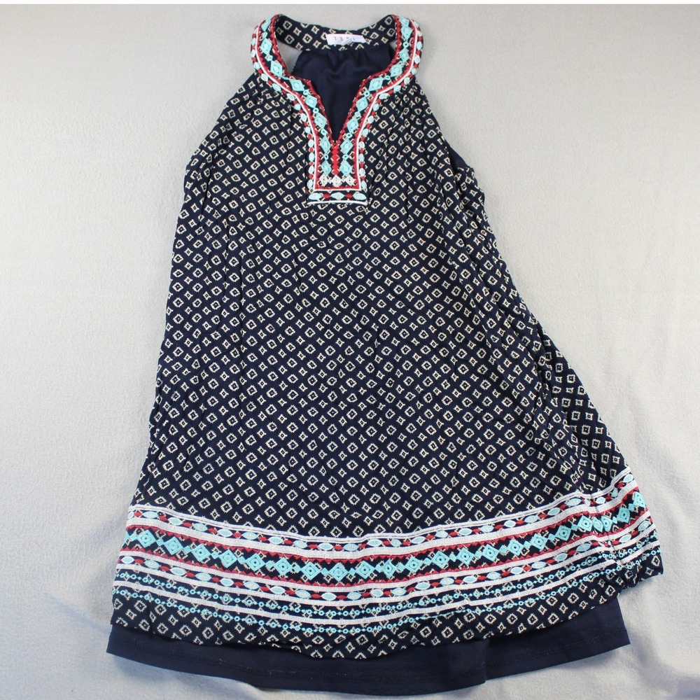 THML Halter Dress Womens Small Navy Blue Excellent Boho Geometric Embroidered
